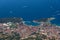 Aerial panoramic view of Makarska resort and the Adriatic coastline, Dalmatia, Croatia. Travel background