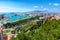 Aerial panoramic view of Malaga city, Andalusia, Spain in a beautiful summer day with many green park spots the port and