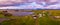 Aerial panoramic view of Myvatn, Iceland at epic sunset. Volcanic Craters In Green Plaints and link clouds and sky