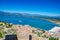 Aerial panoramic view of Nauplio city from Venetian fortress of Palamidi fortress, Argolida, Peloponnese, Greece