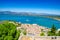 Aerial panoramic view of Nauplio city from Venetian fortress of Palamidi fortress, Argolida, Peloponnese, Greece