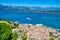 Aerial panoramic view of Nauplio city from Venetian fortress of Palamidi fortress, Argolida, Peloponnese, Greece