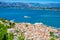 Aerial panoramic view of Nauplio city from Venetian fortress of Palamidi fortress, Argolida, Peloponnese, Greece