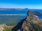 Aerial panoramic view over the ancient venetian castle Paleokastro near Voidokilia beach in Messenia, Greece