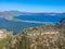 Aerial panoramic view over the ancient venetian castle Paleokastro near Voidokilia beach in Messenia, Greece