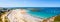 Aerial panoramic view over the beach of Greve Blanche in Tregastel, France, on a sunny summer day