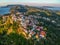 Aerial panoramic view over Chora the beautiful old Village of Alonnisos island, Sporades, Greece