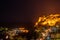 Aerial panoramic view over Chora, Kythira and the Castle in Kythira island, Greece at night