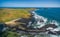 Aerial panoramic view of Phillip Island coastline near The Nobbies Centre and Round Island, Australia