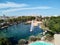 Aerial panoramic view pond, shape of the European continent in the Park of Nations and Torrevieja cityscape