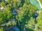 Aerial panoramic view of the powerful waterfalls of Edessa and the surrounded area in Edessa city, Greece