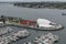 Aerial panoramic view of the Rady Shell Concert Venue at Jacobs Park in San Diego, California