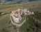 Aerial panoramic view of Rupea Fortress, Transylvania, Romania. Medieval fortress and saxon landmark of Transylvania in