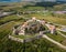 Aerial panoramic view of Rupea Fortress, Transylvania, Romania. Medieval fortress and saxon landmark of Transylvania in