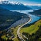 Aerial Panoramic View of Sea to Sky Highway on Pacific Ocean West Coast. Sunny Winter Day. Located in Howe Sound