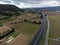 Aerial panoramic view on speedway and rows of grape plants on vineyards in Bandol wine making region, Provence, South of France