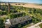 Aerial panoramic view of territory of abandoned factory, Destroyed buildings, pipes