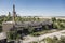 Aerial panoramic view to abandoned industrial area or zone, abandoned factory and warehouses