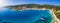 Aerial, panoramic view to the beautiful town of Fiscardo, Kefalonia island, Greece