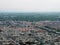 Aerial panoramic view of the town of blackpool looking east showing the streets and roads of the town with lancashire countryside