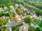 Aerial panoramic view of an upscale subdivision shot during golden hour