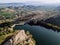 Aerial panoramic view of a water reservoir in the Mediterranean for times of drought