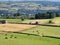 Aerial panoramic view of west yorkshire countryside in the calder valley near luddenden with cows grazing in meadows and