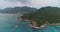 Aerial paradise mountain chain island coast view. Epic rocky beach turquoise water surface calm wave