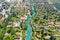 Aerial pass over Kibbutz Nir David with Amal river, Israel.