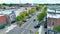 Aerial Pedestal View of Downtown Elkhart, Indiana with Overcast Sky