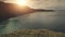 Aerial people on sun ocean shore. Tourists at sea bay cliff coast. Nature seascape at Irish landmark