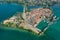 Aerial perspective of peninsula Lindau with port and Marina