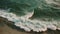 an aerial perspective of powerful ocean waves crashing forcefully onto the sandy beach, A bird\\\'s eye view of thrilling waves