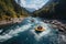 Aerial perspective Rafting adventure on a lively mountain river creek