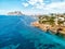 Aerial photo Benissa or Benisa rocky coastline, view to Penyal d`Ifac Natural Park of Calpe resort