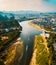 Aerial photo of a boat sailing down river Li in Guilin China