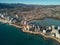Aerial photo Calpe spit between Mediterranean Sea and lake. Spain