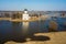 Aerial photo Church of the Intercession on the River Nerl in spring flood. Russian church.