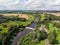 Aerial photo of the the historic Tadcaster Viaduct and River Wharfe located in the West Yorkshire British town of Tadcaster, taken