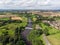 Aerial photo of the the historic Tadcaster Viaduct and River Wharfe located in the West Yorkshire British town of Tadcaster, taken