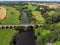 Aerial photo of the the historic Tadcaster Viaduct and River Wharfe located in the West Yorkshire British town of Tadcaster, taken