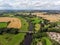 Aerial photo of the the historic Tadcaster Viaduct and River Wharfe located in the West Yorkshire British town of Tadcaster, taken