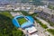 Aerial photo of The John Smith`s Stadium home of the Huddersfield Town Football Club and the town centre of Huddersfield Borough