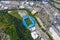 Aerial photo of The John Smith`s Stadium home of the Huddersfield Town Football Club and the town centre of Huddersfield Borough