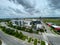 An aerial photo of Lake Nona`s Town Center with a Marriott Courtyard hotel and restaurants