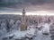 Aerial photo of Lookout tower Stepanka on the border of Krkonose and Jizera Mountains. Winter overcast day, sky with