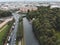 Aerial photo of the Moika river, the center of St . Petersburg, Mikhailovsky Park, Mikhailovsky Palace, Engineering Palace, roofs,