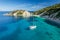 Aerial photo of a moored yacht boat in Itaca, Greece