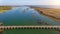 Aerial photo of Quinta de Lago, Almancil, Algarve, Portugal. Bridge over the beach. Dunes.