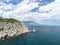 aerial photo of rock Parus Sail and Ayu-Dag Bear Mountain and near Gaspra, Yalta, Crimea at bright sunny day over